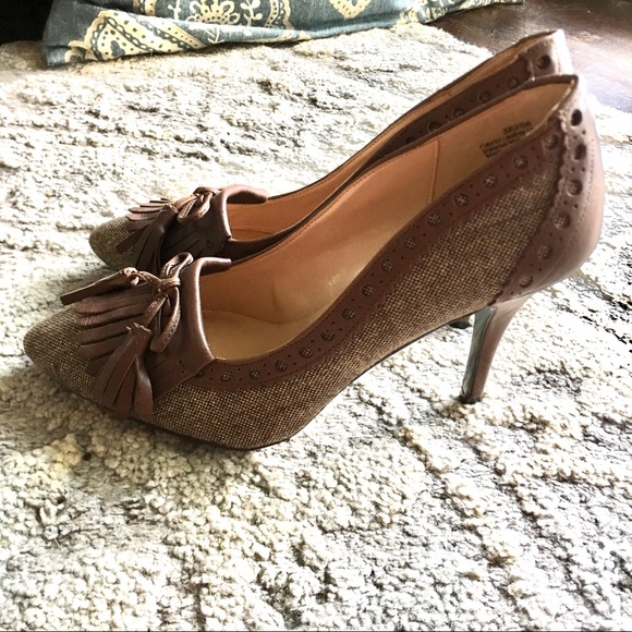 Audrey Brooke sexy brown cloth leather heel pumps Shoes - AUDREY BROOKE Brown Tassel Pumps Professional Heel